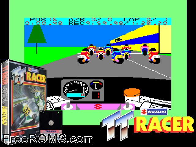 TT-Racer (UK) (1986) [h2] Amstrad CPC game showing 3D box cover and gameplay screenshot